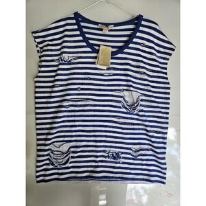 Michael Kors Shirt Womens XL Urban‎ Blue White Striped Distressed Tee Top NWT